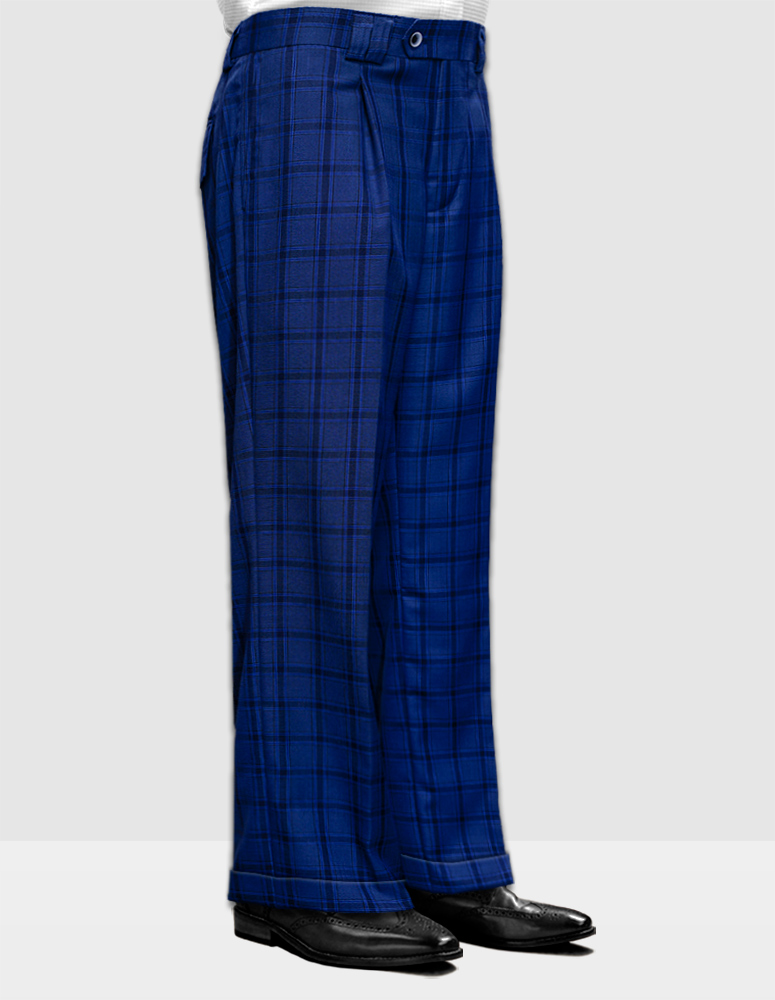 SAPPHIRE PLAID WIDE LEG DRESS PANTS REGULAR FIT SUPER 150'S ITALIAN WOOL FABRIC   