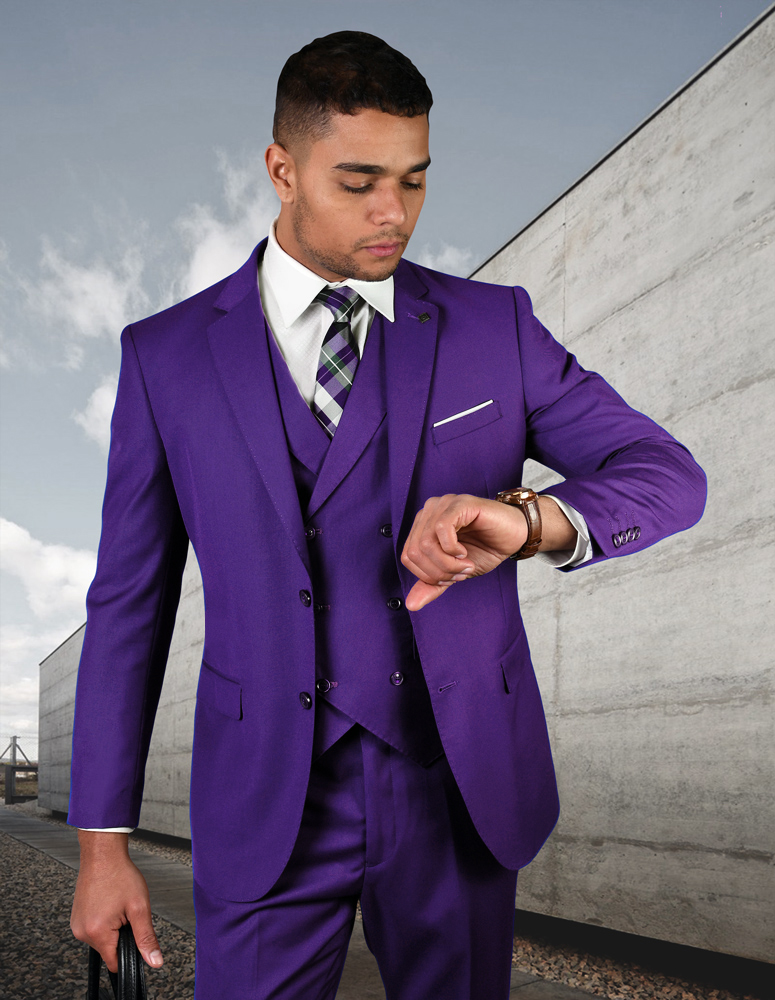 STATEMENT PURPLE 3PC 2 BUTTON SOLID COLOR MENS SUIT WITH DOUBLE BREASTED VEST SUPER 180'S EXTRA FINE ITALIAN WOOL