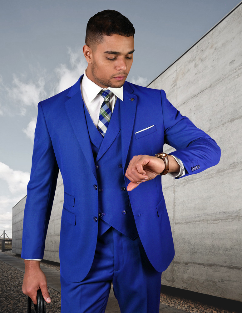 Statement Royal Blue 3pc 2 Button Solid Color Mens Suit With Double