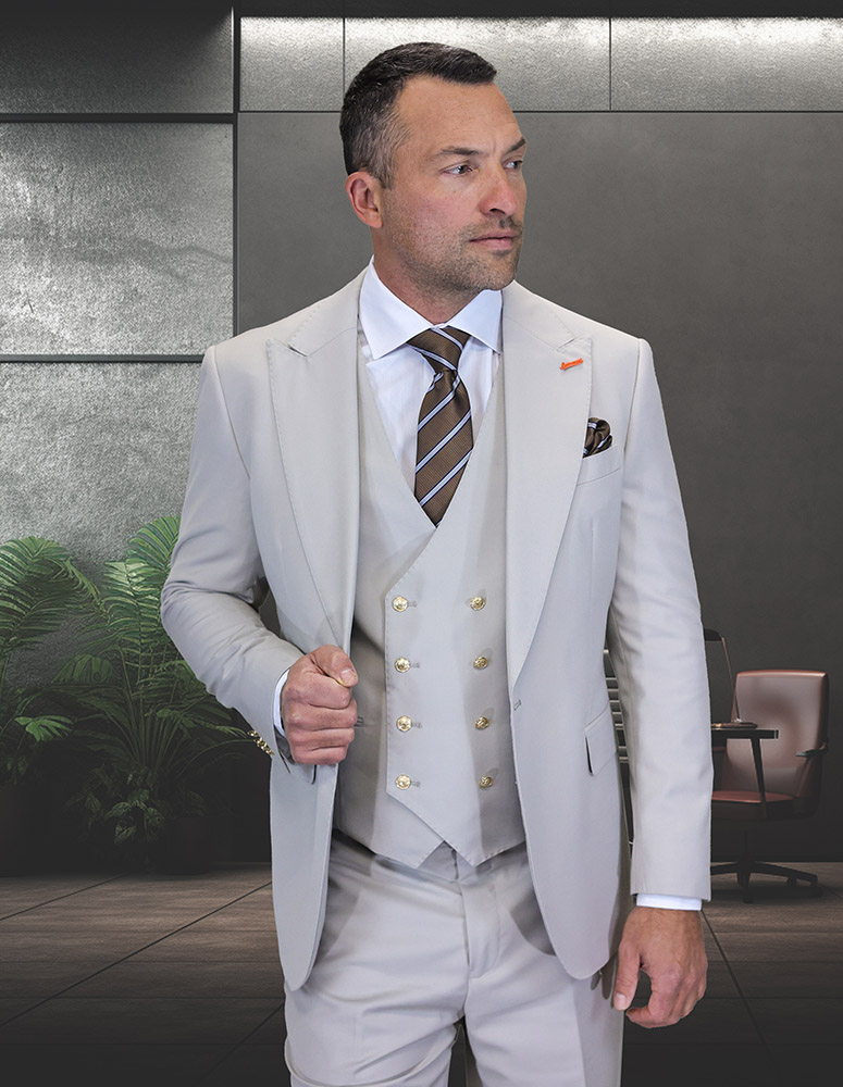 STATEMENT 3PC ASH ITALIAN SUPER 200'S WOOL SUIT. MODERN FIT FLAT FRONT PANTS WITH GOLD BUTTONS.