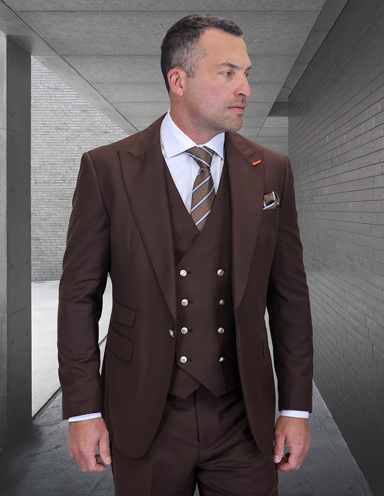 STATEMENT 3PC BROWN ITALIAN SUPER 200'S WOOL SUIT. MODERN FIT FLAT FRONT PANTS WITH GOLD BUTTONS.