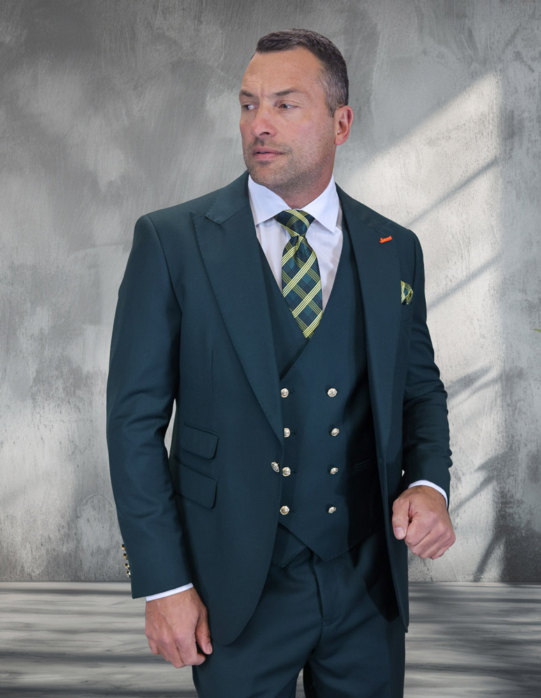 STATEMENT 3PC HUNTER ITALIAN SUPER 200'S WOOL SUIT. MODERN FIT FLAT FRONT PANTS WITH GOLD BUTTONS. 