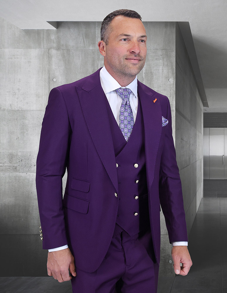 STATEMENT 3PC PLUM ITALIAN SUPER 200'S WOOL SUIT. MODERN FIT FLAT FRONT PANTS WITH GOLD BUTTONS. 