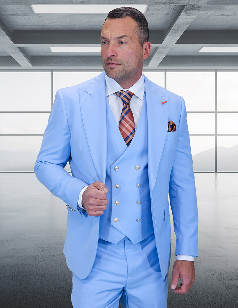 STATEMENT 3PC SKYBLUE ITALIAN SUPER 200'S WOOL SUIT. MODERN FIT FLAT FRONT PANTS WITH GOLD BUTTONS. 