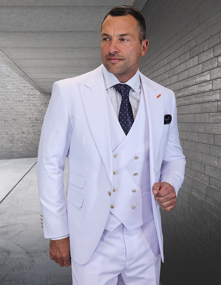 STATEMENT 3PC WHITE ITALIAN SUPER 200'S WOOL SUIT. MODERN FIT FLAT FRONT PANTS WITH GOLD BUTTONS.