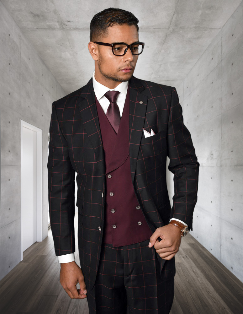 STATEMENT CONFIDENCE 3PC PLAID SUIT WITH MATCHING SOLID COLOR DOUBLE BREASTED VEST. SUPER 200'S ITALIAN WOOL & CASHMERE. MODERN FIT FLAT FRONT PANTS