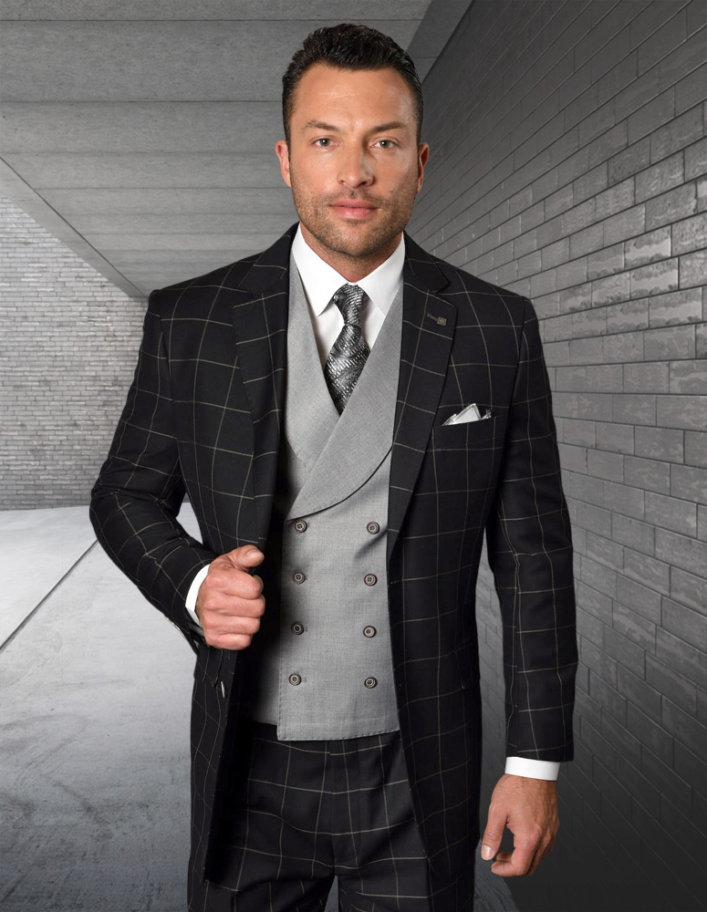 STATEMENT CONFIDENCE 3PC PLAID SUIT WITH MATCHING SOLID COLOR DOUBLE BREASTED VEST. SUPER 200'S ITALIAN WOOL & CASHMERE. MODERN FIT FLAT FRONT PANTS 