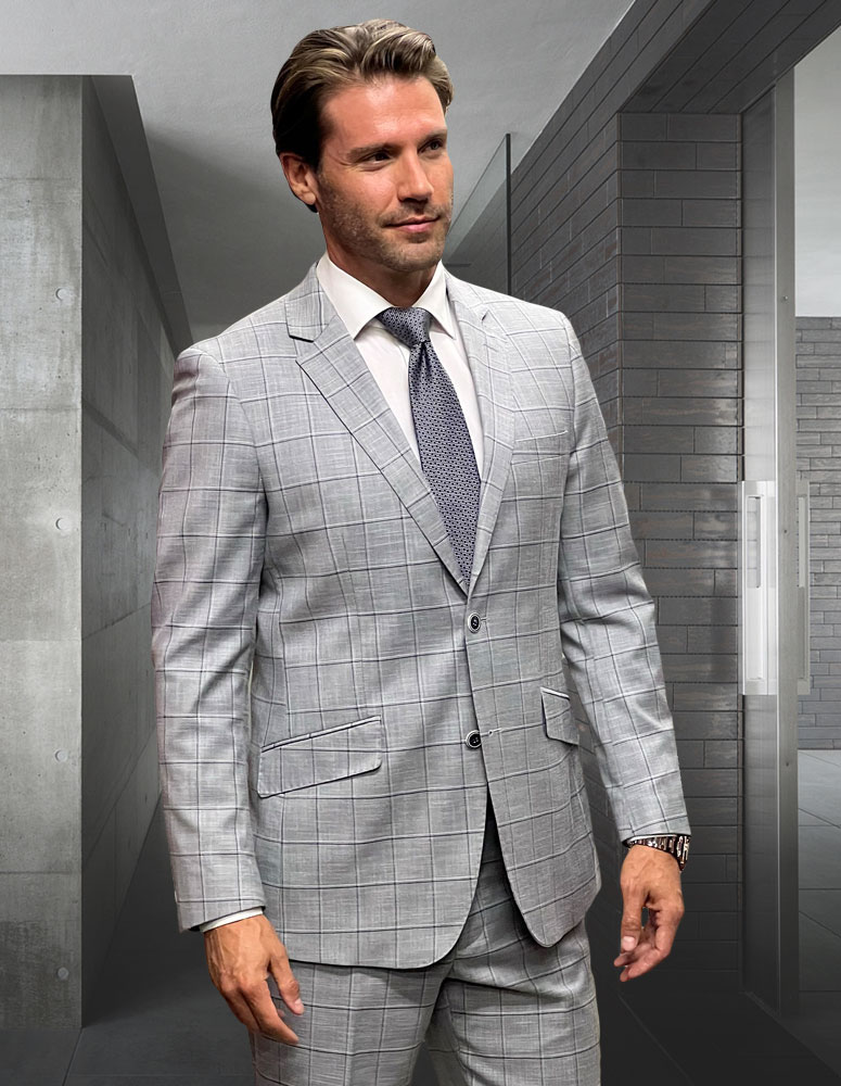 STATEMENT CONFIDENCE 2PC GRAY PLAID SUITS SUPER 200'S ITALIAN WOOL AND CASHMERE. MODERN FIT FLAT FRONT PANTS 