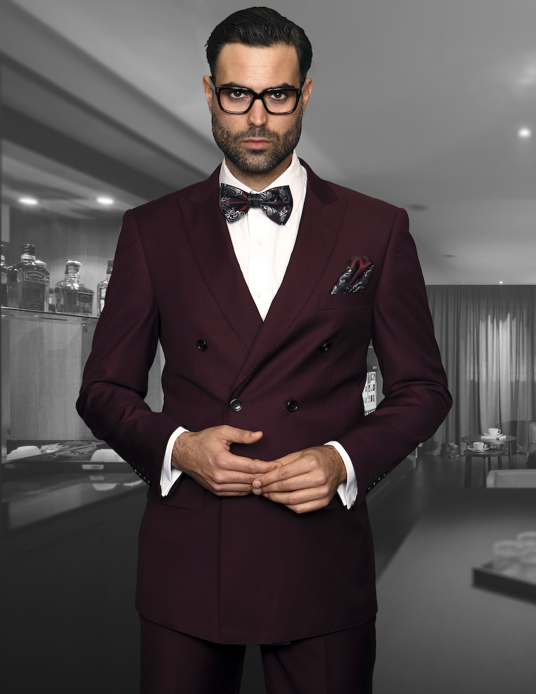 TZD-100 BURGUNDY CLASSIC DOUBLE BREASTED SOLID COLOR MENS SUIT  SUPER 150'S EXTRA FINE 