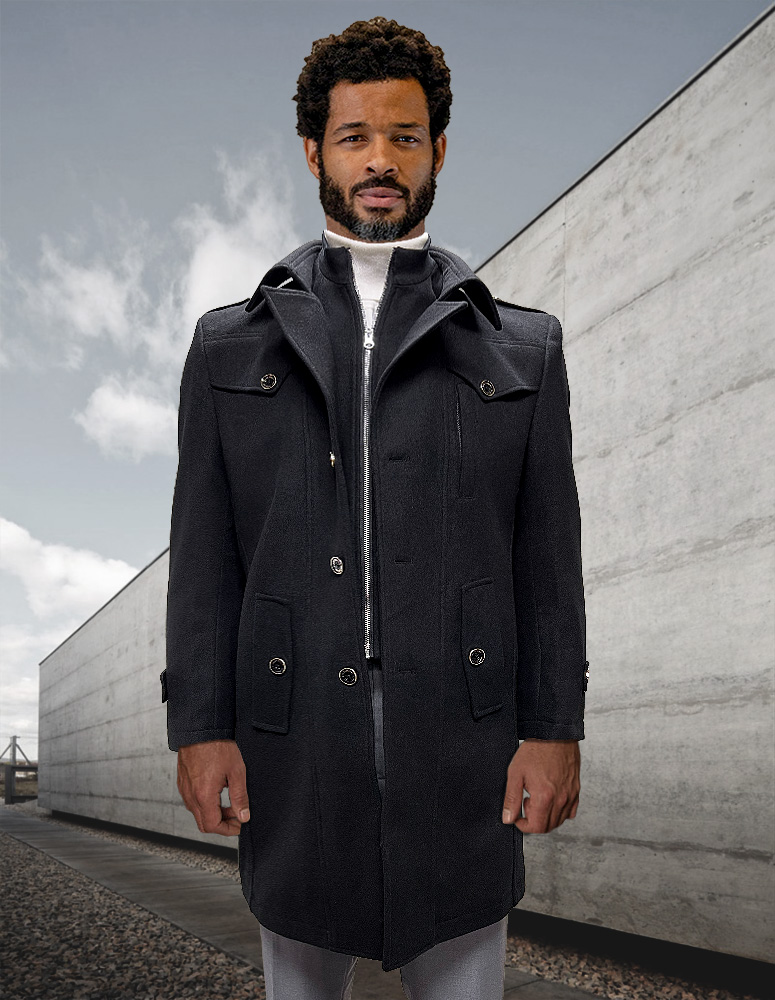 BLACK 3 BUTTON SINGLE JACKET OVER COAT. WOOL AND CASHMERE